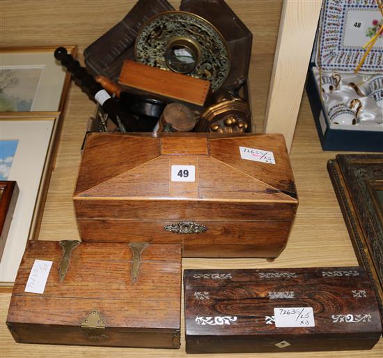 A Regency rosewood tea caddy, a dome topped oak casket and a rosewood and a mother of pearl inlaid glove box & other items